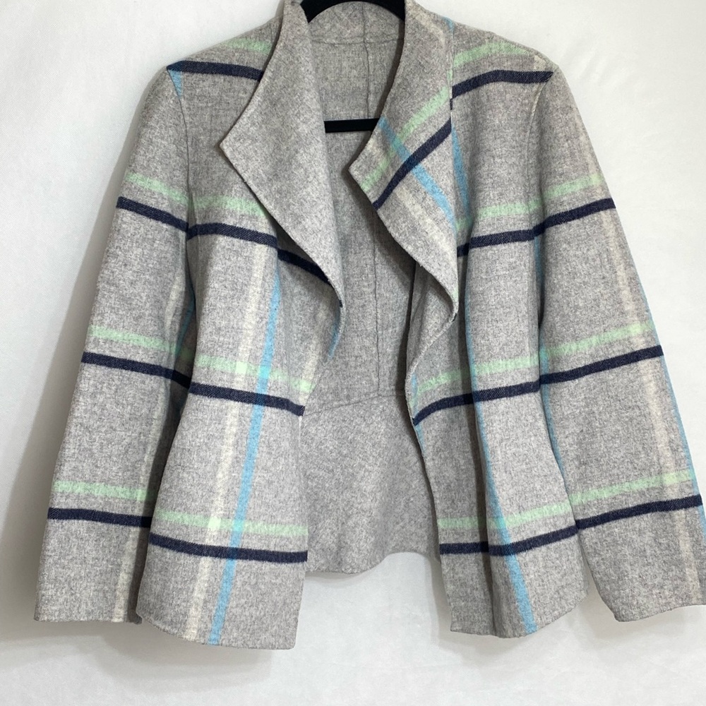Banana Republic Gray Plaid Wool Blend Open Front Jacket Cascading Collar Size S